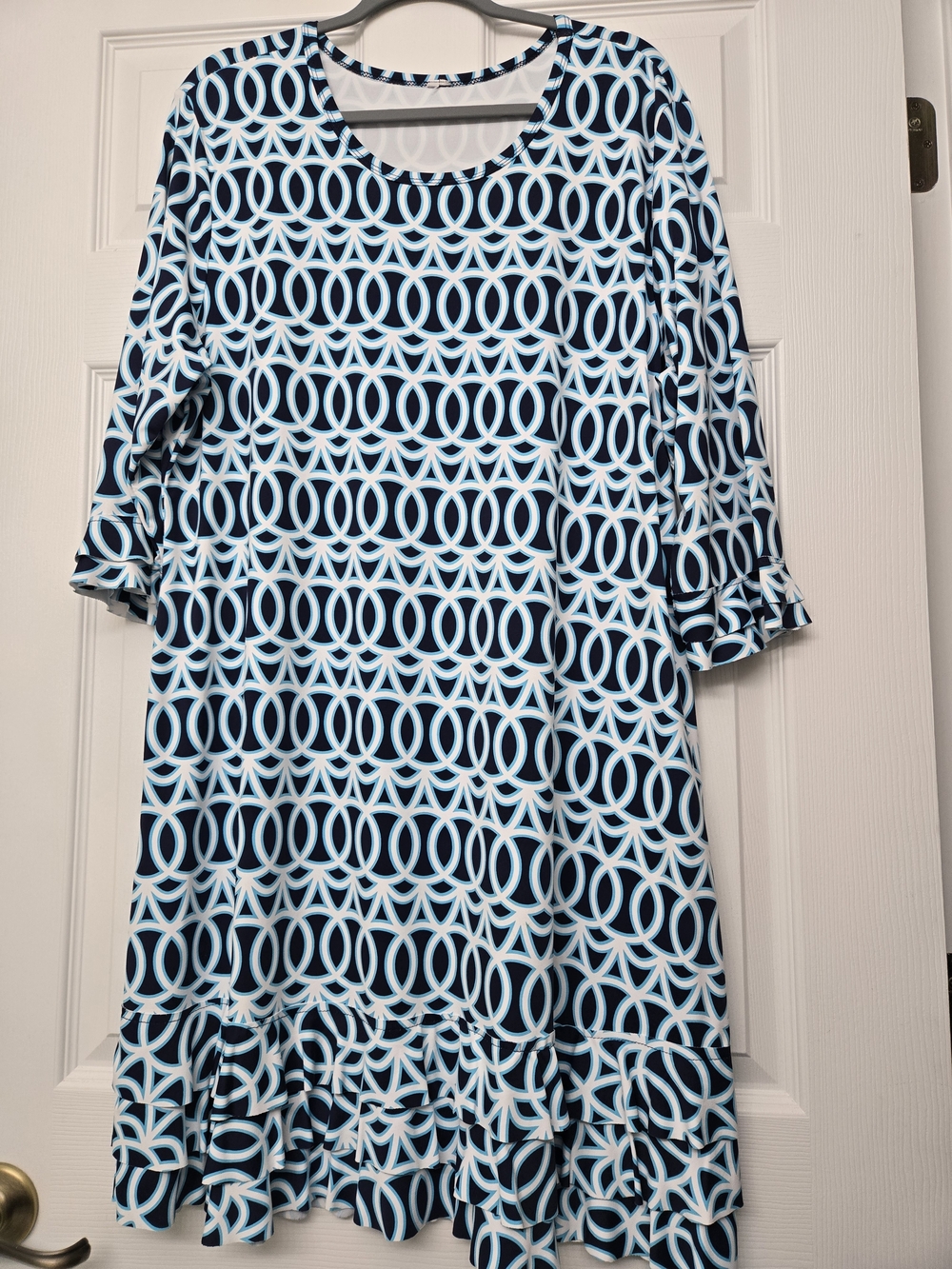 Lulu B Navy and Light Blue Geometric Ruffle Hem Dress With SPF 50
